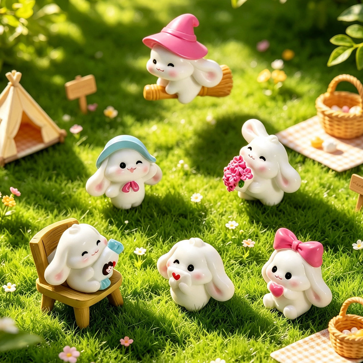 Spring Bunny Miniatures, Complete 10 Piece Rabbit Figurine Collection for Fairy Gardens, Desk Displays and Whimsical Gifts