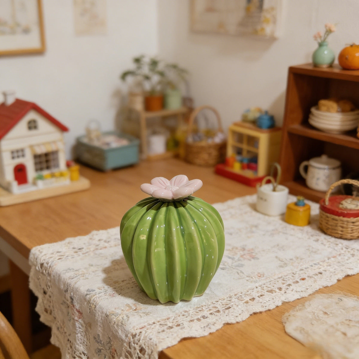 Ceramic Cactus Figurine, Sculptural Green Tabletop Ornament in Three Sizes for Desks, Shelves and Cozy Home Decor