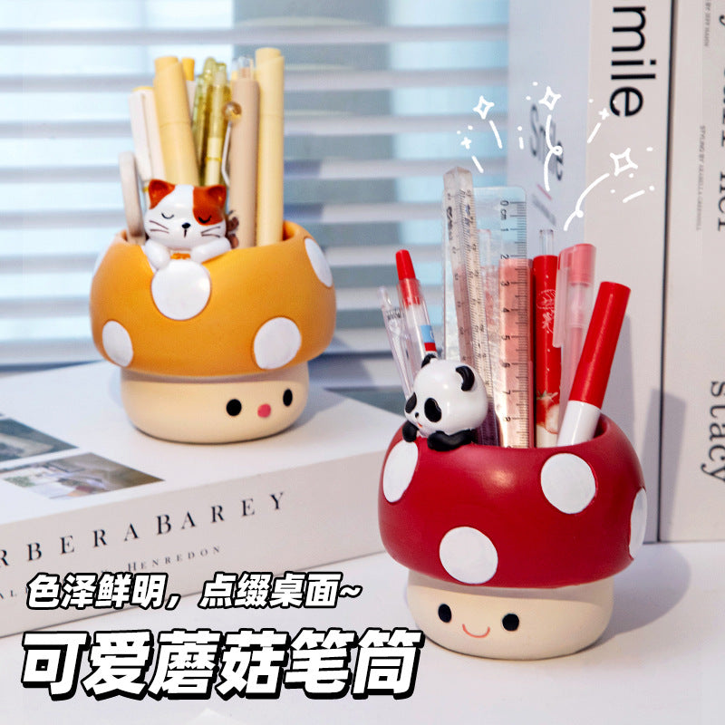 Whimsical Mushroom Pen Holder with Animal Friends, Playful Desktop Pencil Cup for Creative Workspaces, Shelves and Gift Giving