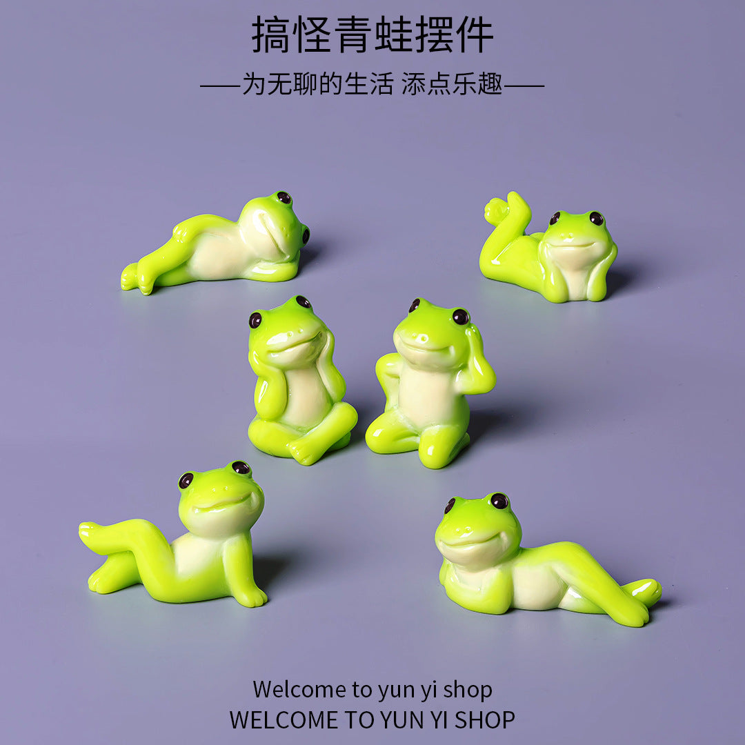 Playful Mini Frog Figurine Set of 6, Green Frogs in Expressive Poses for Desk Displays and Miniature Scenes