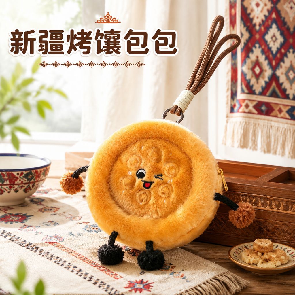 Xinjiang Naan Bread Plush Coin Purse, 12 cm Smiling Food Charm Bag with Four Playful Designs