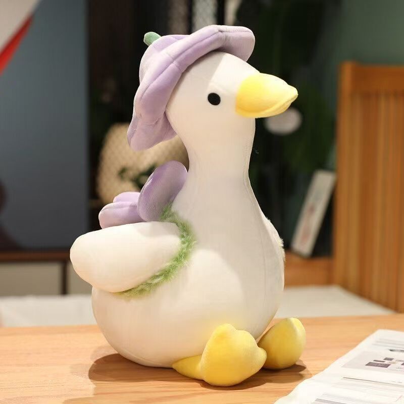 Flower Hat Goose Plush Toy, 30 cm White Goose with Lavender or Yellow Blooms for Cozy Bedrooms and Whimsical Gifts