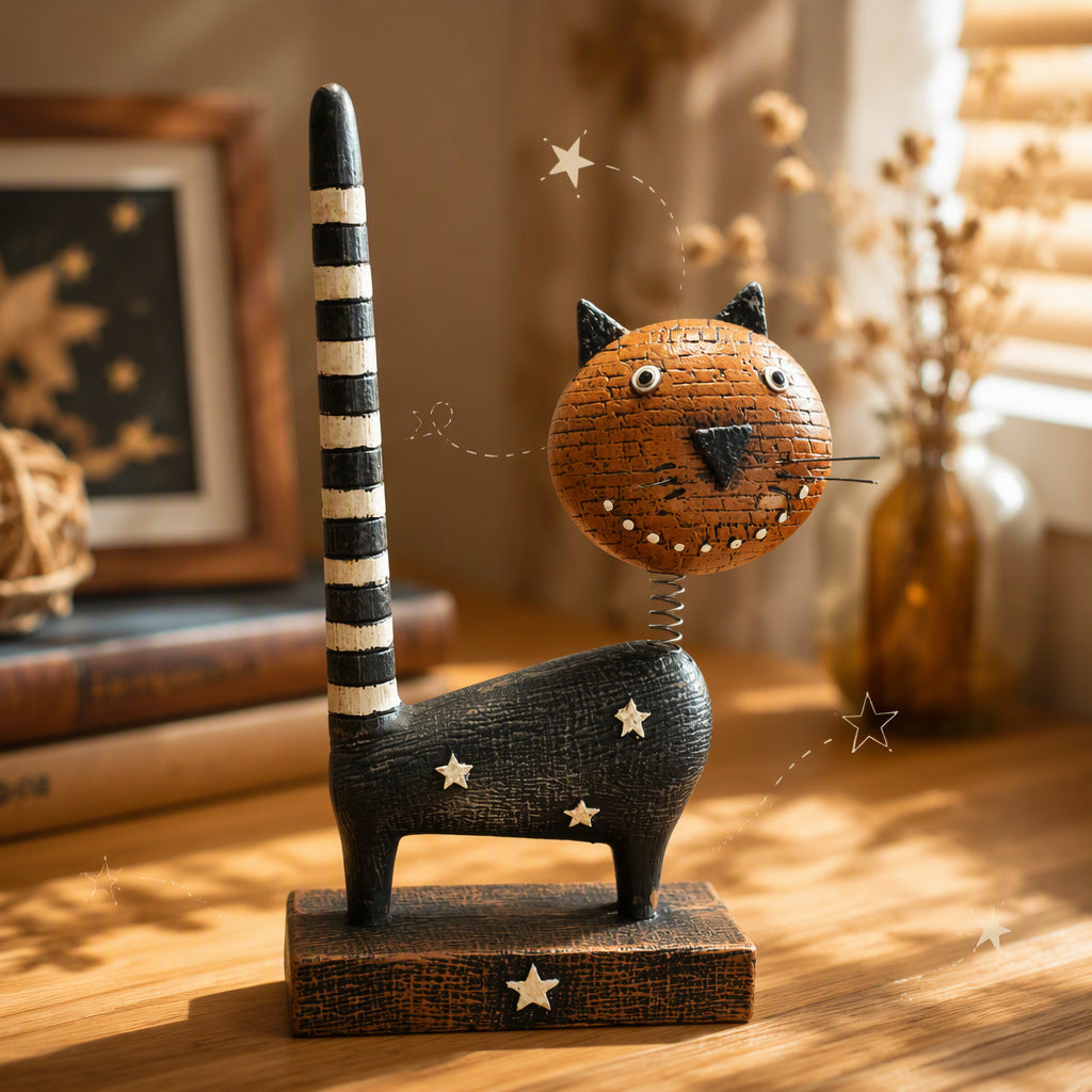 Whimsical Bobblehead Cat Figurine, Rustic Wood-Look Desktop Accent for Shelves, Coffee Tables and Thoughtful Gifts