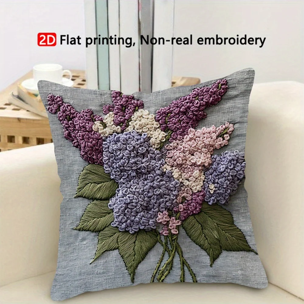 Botanical Stitch-Effect Printed Pillow Cover