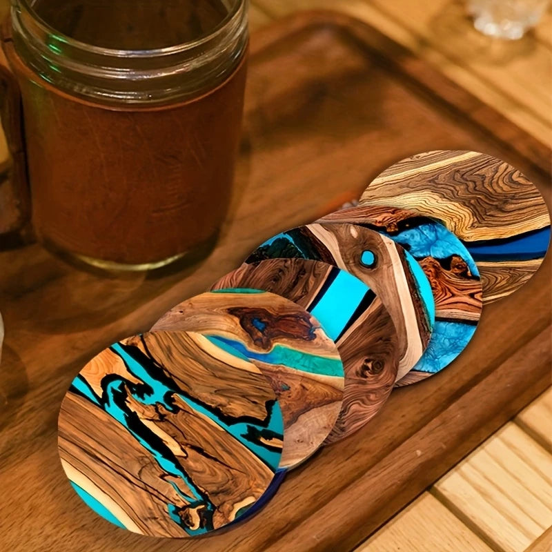 Blue and Green Printed Wooden Coaster Set of 6, 10 cm Drink Mats for Coffee Tables, Tea Cups and Calm Home Decor