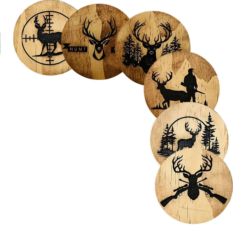 Deer Pattern Wooden Coaster Set of 6, Round Drink Cup Mats for Cozy Coffee Tables, Winter Hosting and Everyday Dining