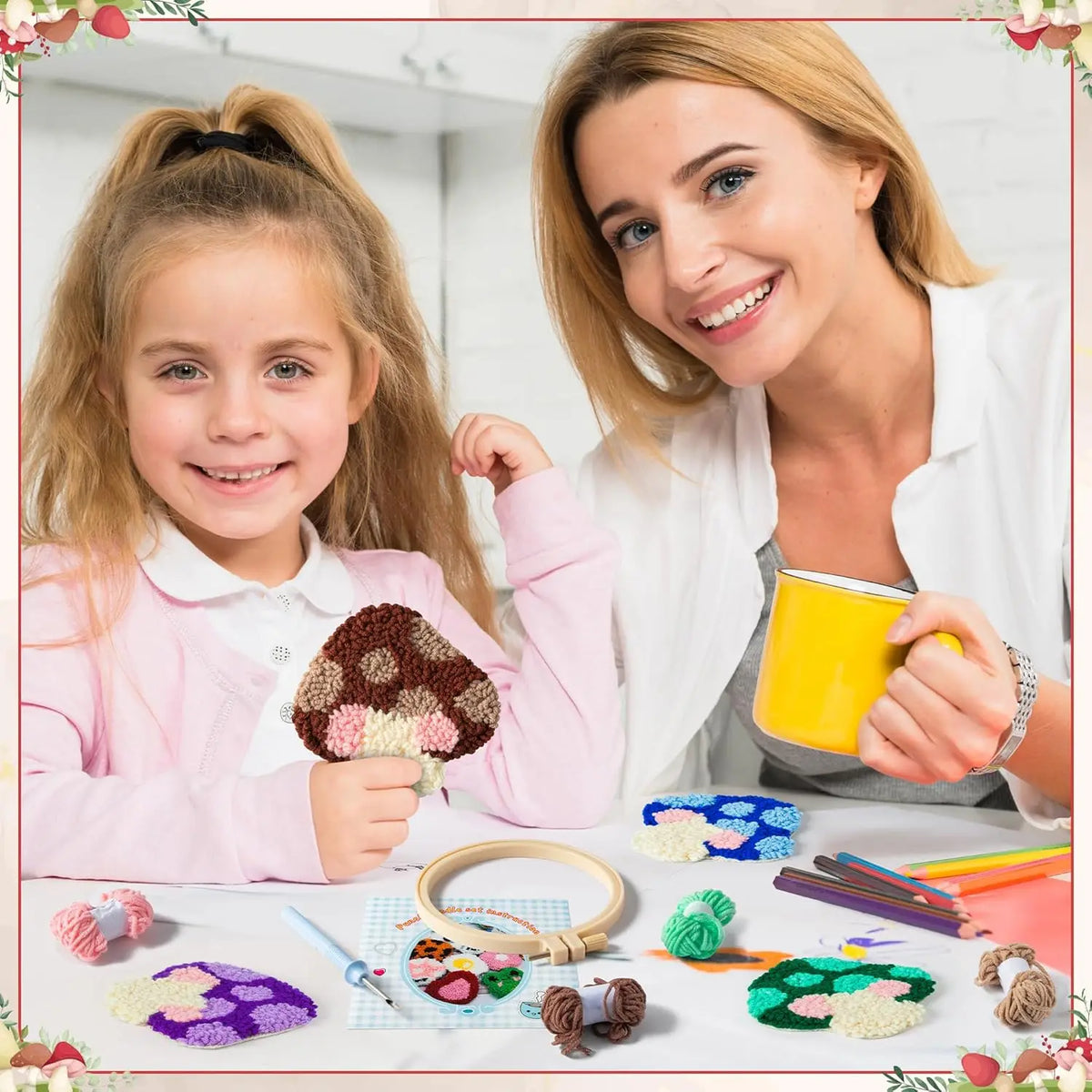 Mushroom Punch Needle Coaster Craft Kit for Beginners Handmade Tufted Mug Rugs and Cottage Decor