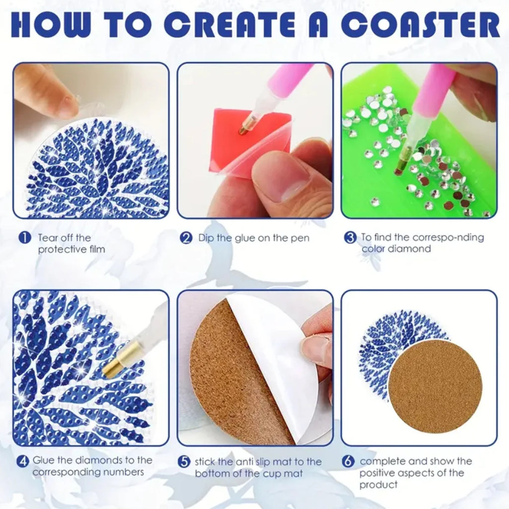Blue and White Porcelain Diamond Painting Drink Coaster Set with Holder for DIY Craft Lovers