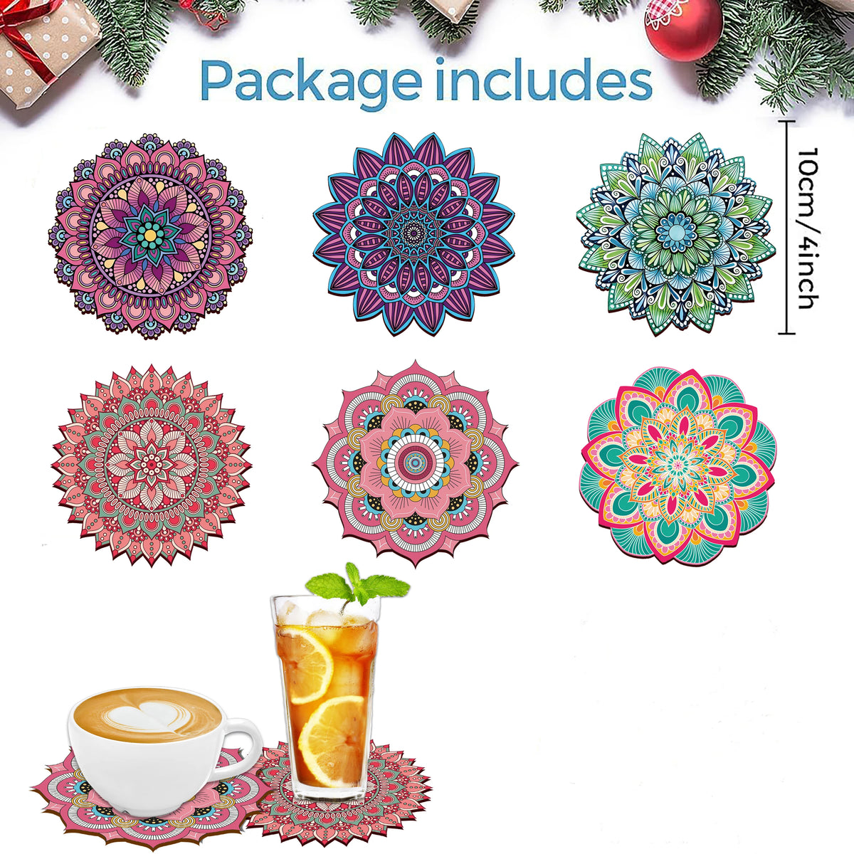 Colorful Mandala Wooden Drink Coaster Set for Coffee Tables Boho Kitchen and Holiday Gifts
