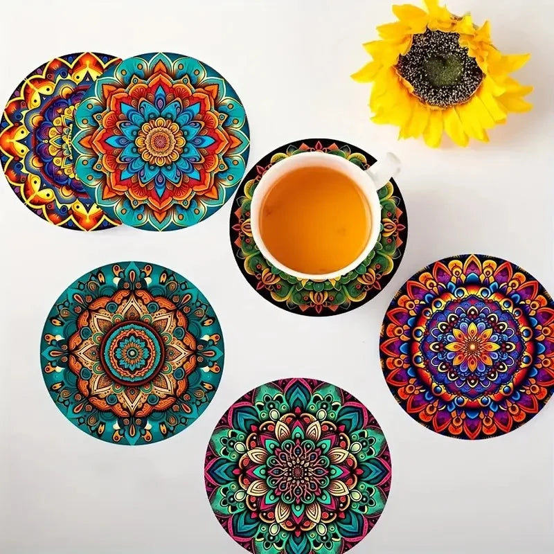Iridescent Mandala Flower Wooden Drink Coaster Set of 10 for Boho Table Decor and Gifts