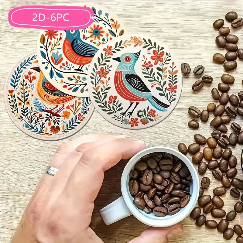 Bohemian Bird and Flower Wooden Drink Coaster Set for Coffee Tables and Colorful Home Decor