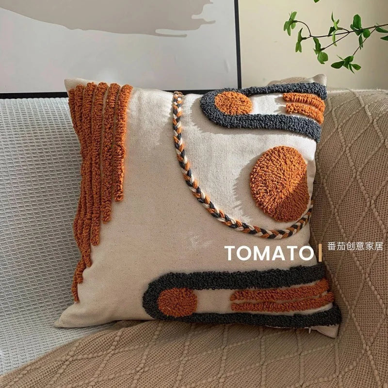 Woven Geometry Embroidered Pillow Cover – Boho Accent