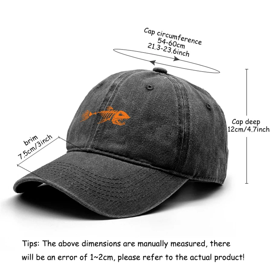 Vintage Washed Fish Skeleton Baseball Cap | Distressed Unisex Snapback Trucker Hat