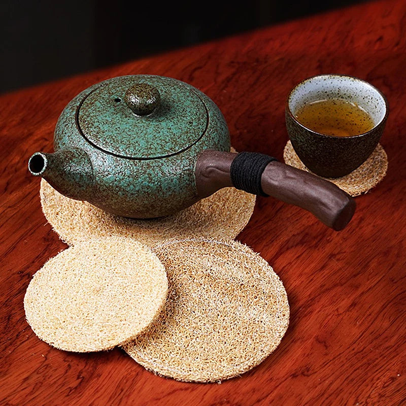 Natural Loofah Fiber Tea Mat, Round Cup and Teapot Pad in Single or Double Layer Styles for Calm Tea Tables