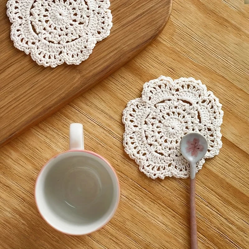 Vintage Floral Crochet Style Coaster Set of 5 for Coffee Tables Kitchen Decor and Housewarming Gifts