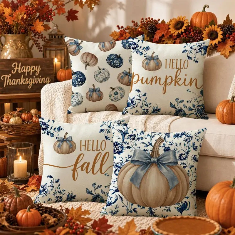 Blue Harvest Pumpkin & Bow Pillow Cover