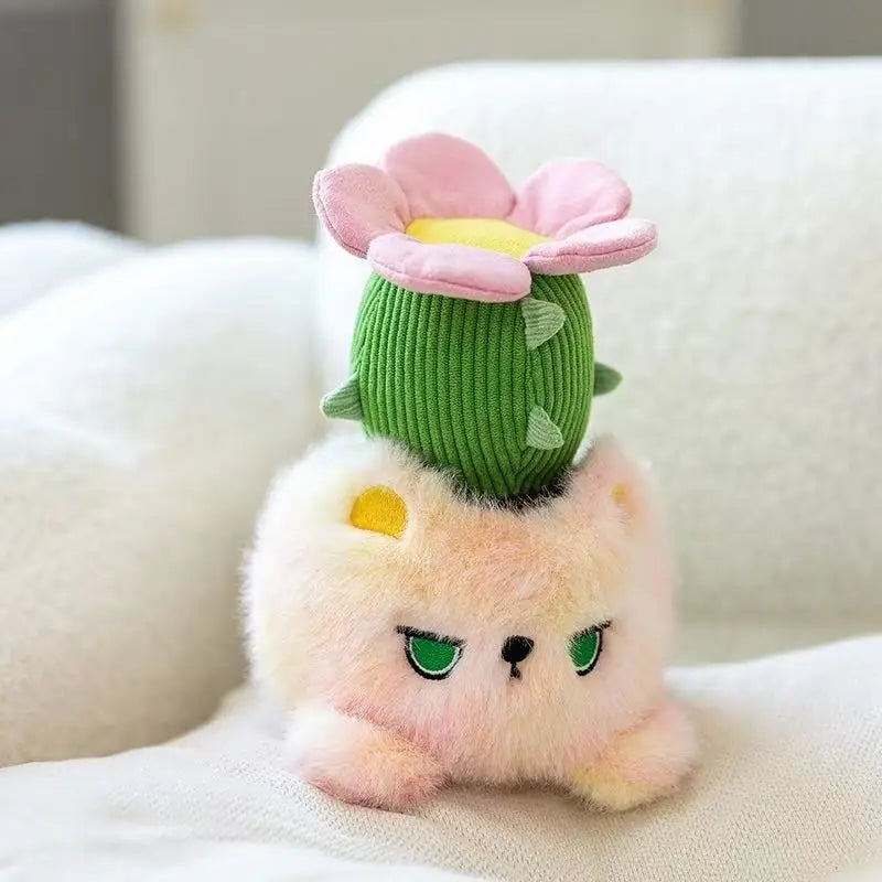 “17cm Cactus Kitty Plush - Pink Cat with Blooming Cactus Flower, Soft Stuffed Animal Toy with Healing Charm for Kids & Adults”