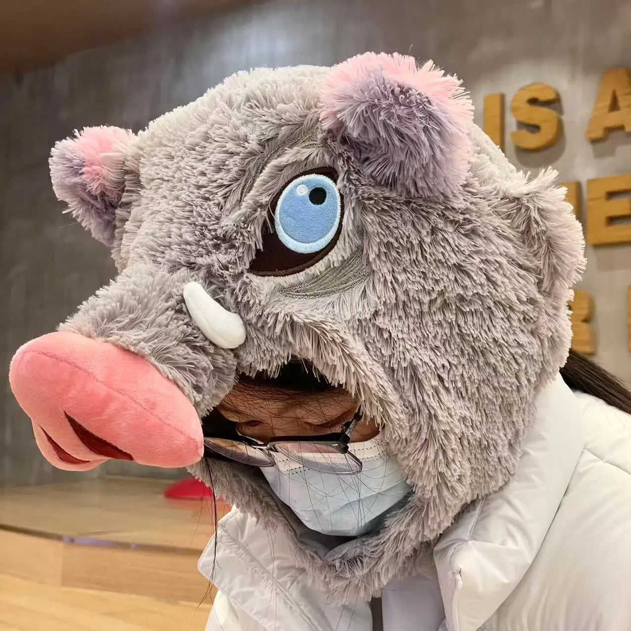 Cute Cartoon Demon Slayer Plush U-shaped Pillow Hashibira Inosuke Pig Head Hat Kawaii Cosplay Props Plush Hat Travel Neck Pillow