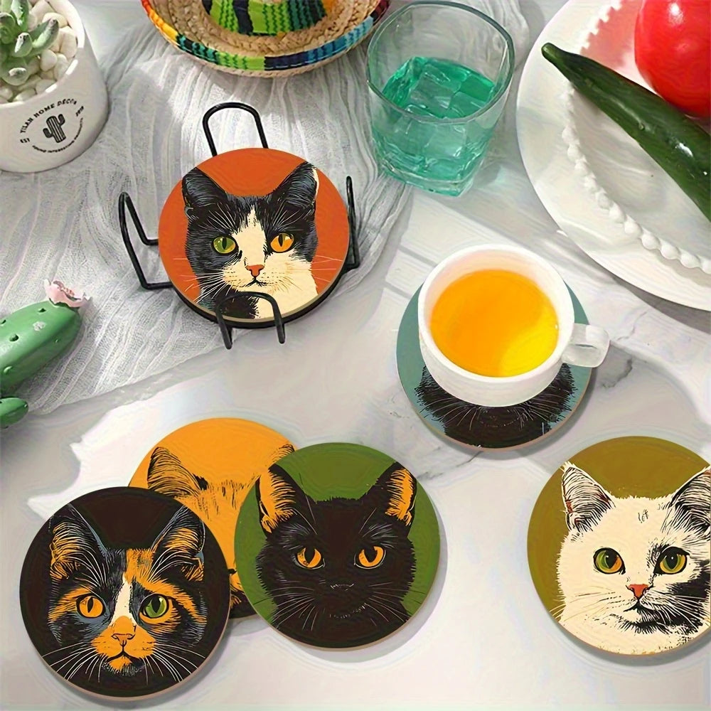 Cat Pattern Wooden Drink Coaster Set of 6, Round Printed Cup Mats for Coffee Tables, Desks and Cat-Lover Gifts