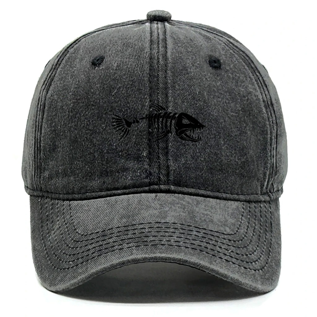 Vintage Washed Fish Skeleton Baseball Cap | Distressed Unisex Snapback Trucker Hat