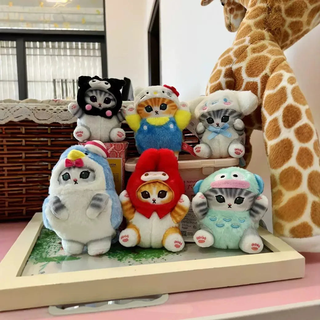 “12cm Sanrio-Style Transforming Cat Plush Toys - Cute Costume Cat Stuffed Animals, Mini Plush Keychain/Backpack Pendant for Kids & Kawaii Lovers”
