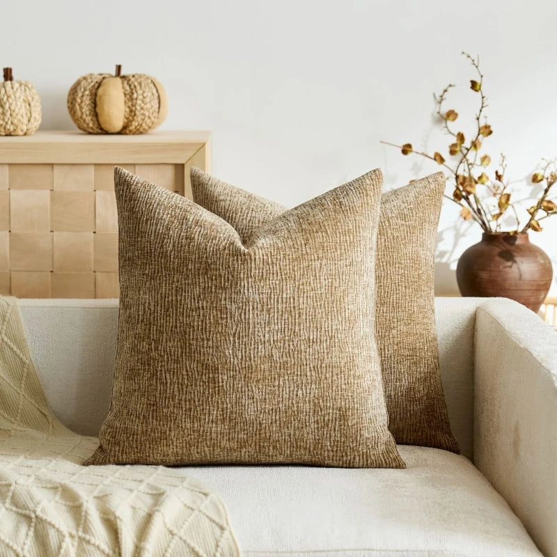 Textured Pleated Chenille Throw Pillow Cover Natural Earth Tone Cushion Case for Sofa Bed Living Room Décor 45x45cm 50x50cm