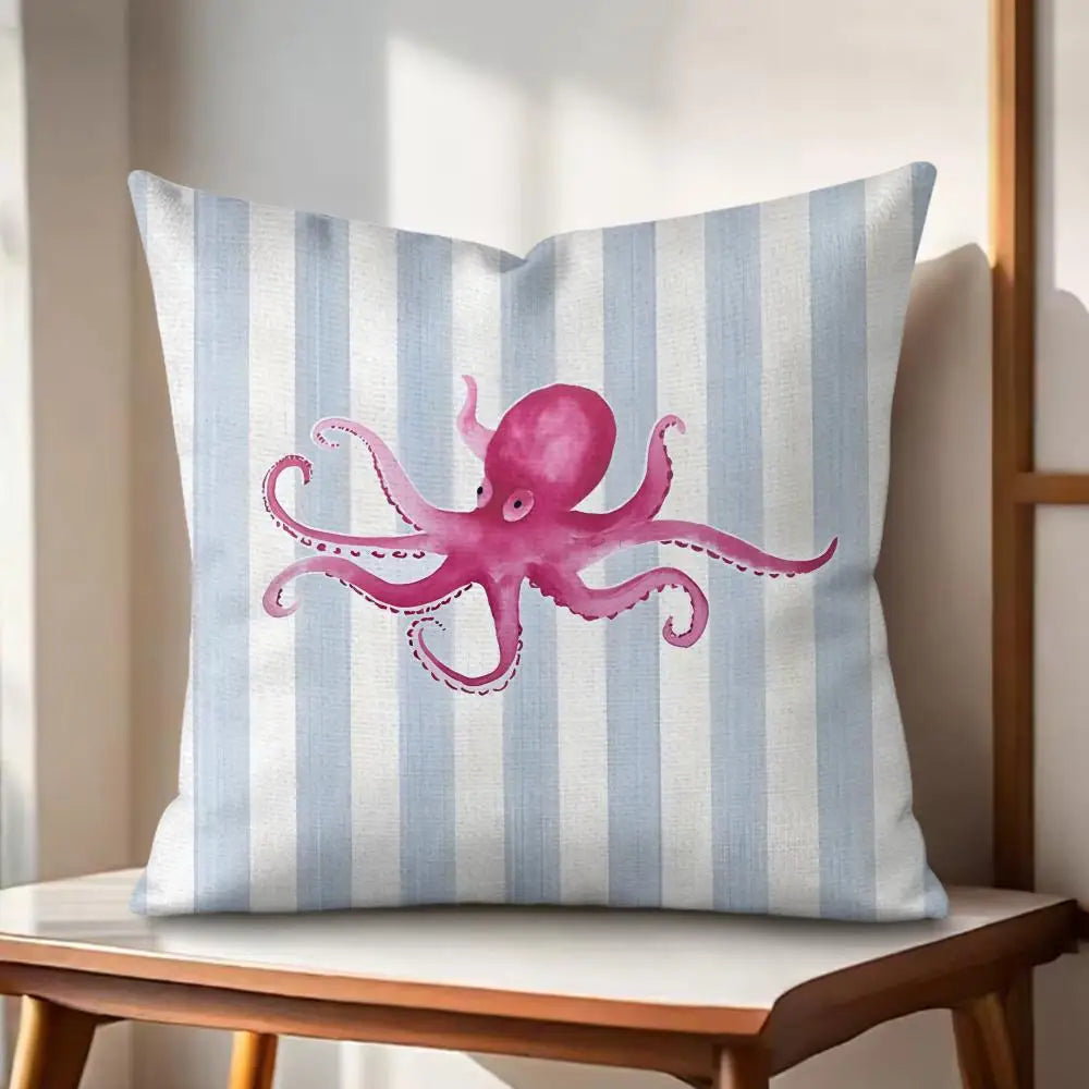 Ocean Life Theme Striped Cushion Cover Organic Linen Pillow Case Double-Sided Print Cushion Cover for Sofa Home Decor Gift