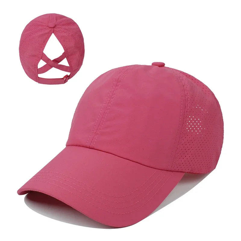 Women’s Quick-Dry Mesh Ponytail Baseball Cap – Cross Strap Athletic Golf Hat