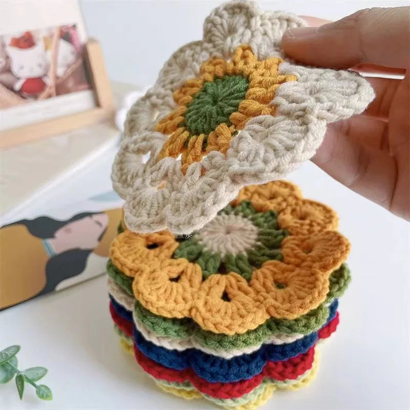 Crochet Flower Drink Coaster Set of 3 for Coffee Tables Soft Floral Kitchen Decor and Gifts