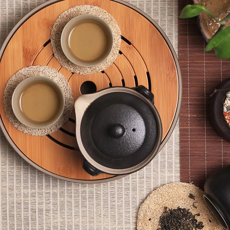 Natural Loofah Fiber Tea Mat, Round Cup and Teapot Pad in Single or Double Layer Styles for Calm Tea Tables
