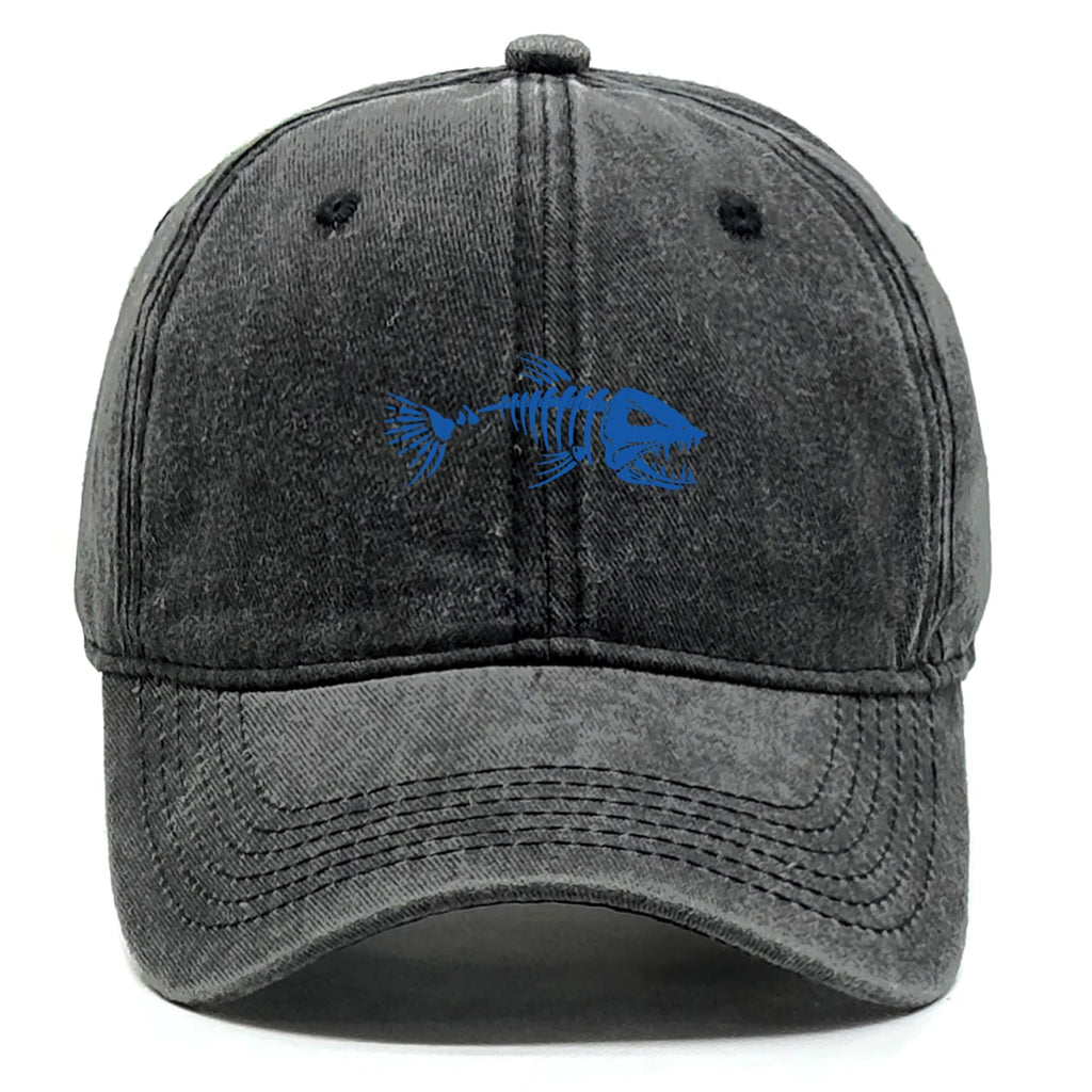Vintage Washed Fish Skeleton Baseball Cap | Distressed Unisex Snapback Trucker Hat
