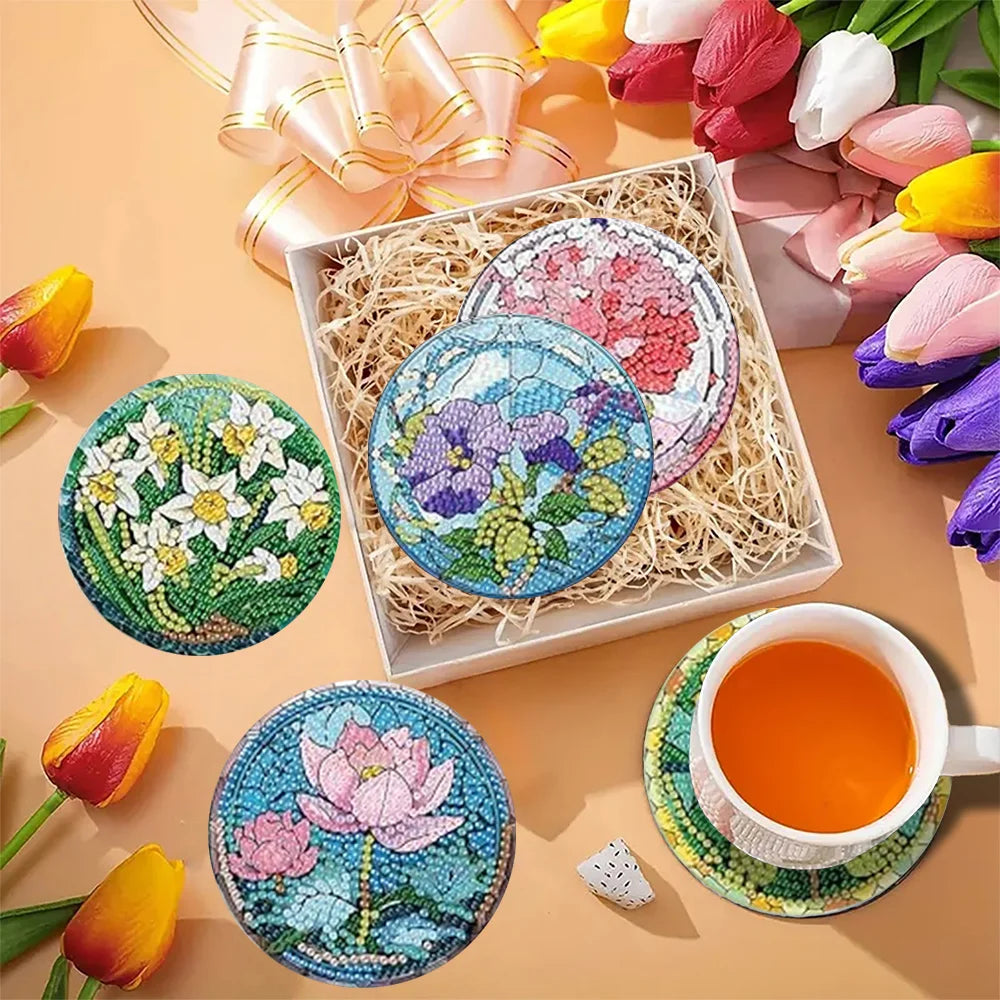 Floral Diamond Painting Coaster Set of 8 with Holder DIY Craft Kit for Table Decor and Gifts