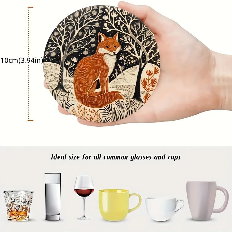Colorful Fox Wooden Coaster Set of 8, 10 cm Printed Boho Drink Mats for Coffee Tables, Tea Cups and Playful Home Decor