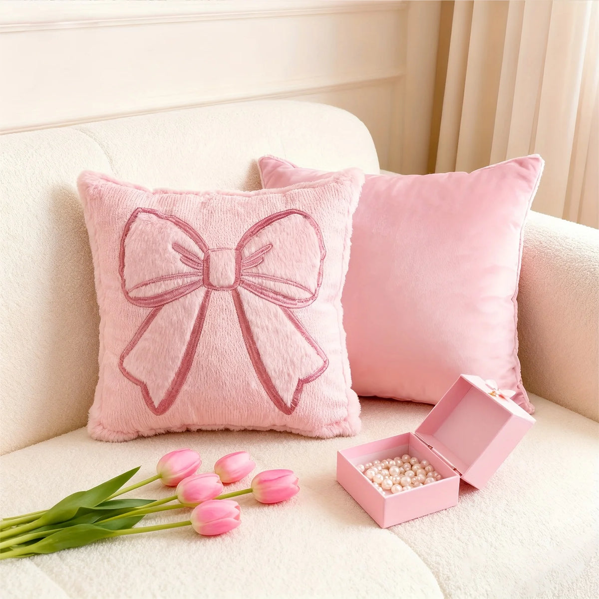 Blush Bow Pillow Covers – Set of 2