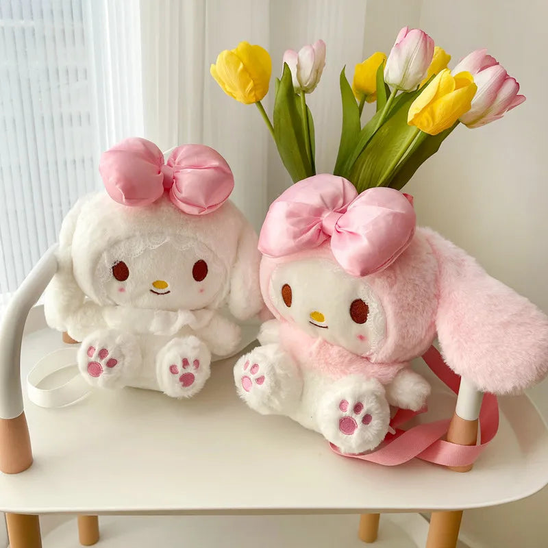 Kawaii Sanrio Melody Plush Backpack Cute Stuffed Animals Dolls Toys Plushie Bag Anime Cartoon Shoulder Backpacks Girl Gifts