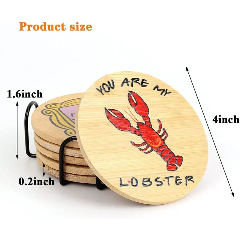 Playful Cat and Lobster Wooden Coaster Set of 6 with Holder, 4 Inch Cork Backed Drink Mats for Coffee Tables and Gift Giving