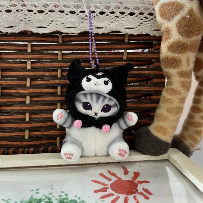 “12cm Sanrio-Style Transforming Cat Plush Toys - Cute Costume Cat Stuffed Animals, Mini Plush Keychain/Backpack Pendant for Kids & Kawaii Lovers”