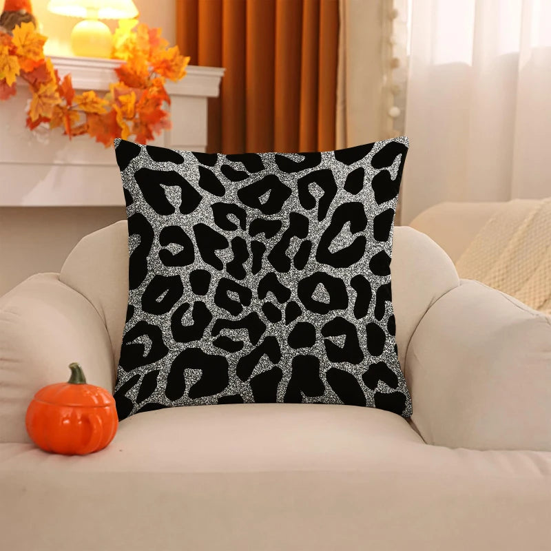 2pc Set of 2 Black Silver Leopard Print Throw Pillow Covers Modern Decorative Square Cushion Cases for Sofa Bedroom Living Room