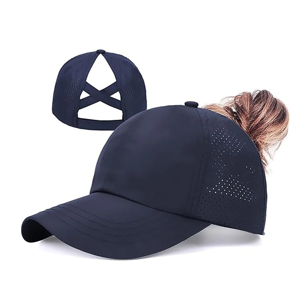 Women’s Quick-Dry Mesh Ponytail Baseball Cap – Cross Strap Athletic Golf Hat