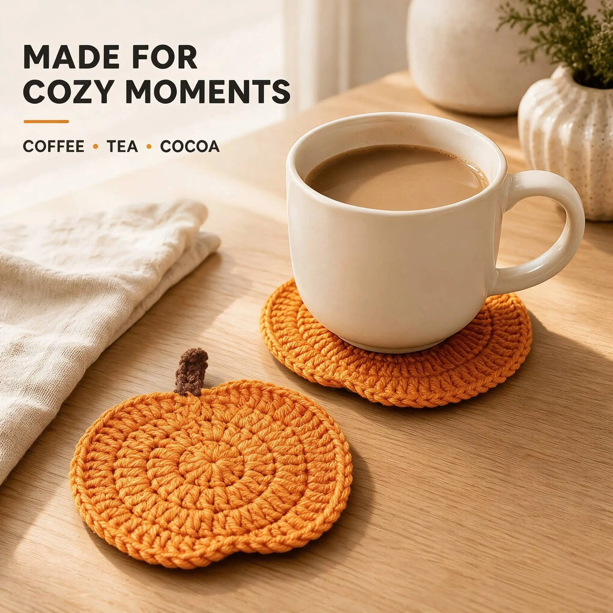 Hand-Knitted Pumpkin Drink Coasters, Set of 6 Autumn Cup Mats for Cozy Coffee Tables and Harvest Gatherings