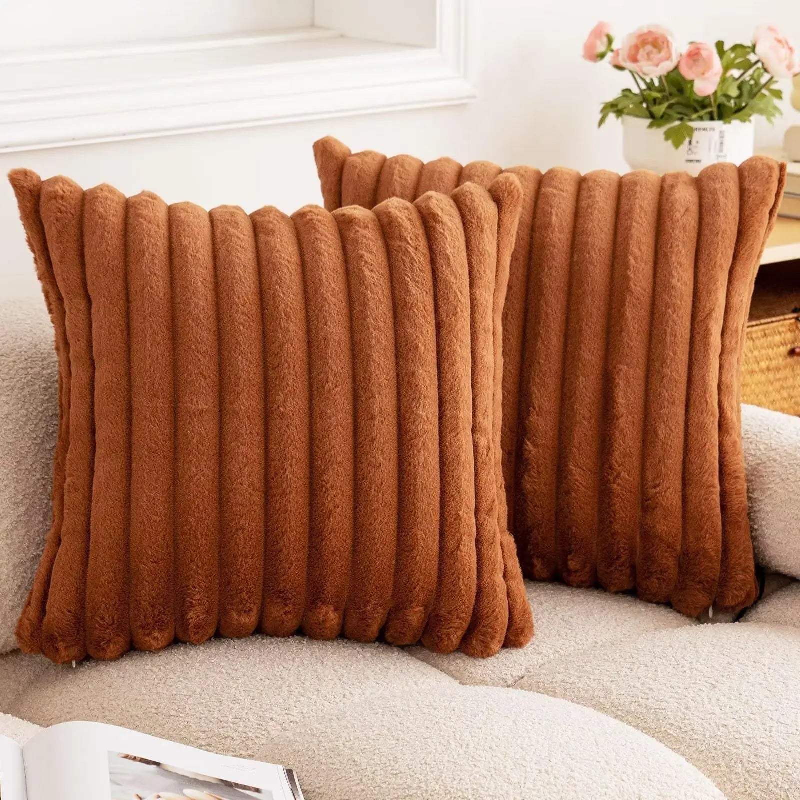 40x40 45x45 Faux Rabbit Fur Square Cushion Cover New Big Thick Striped Super Soft Solid Color Pillow Cover Sofa Decor Pillowcase