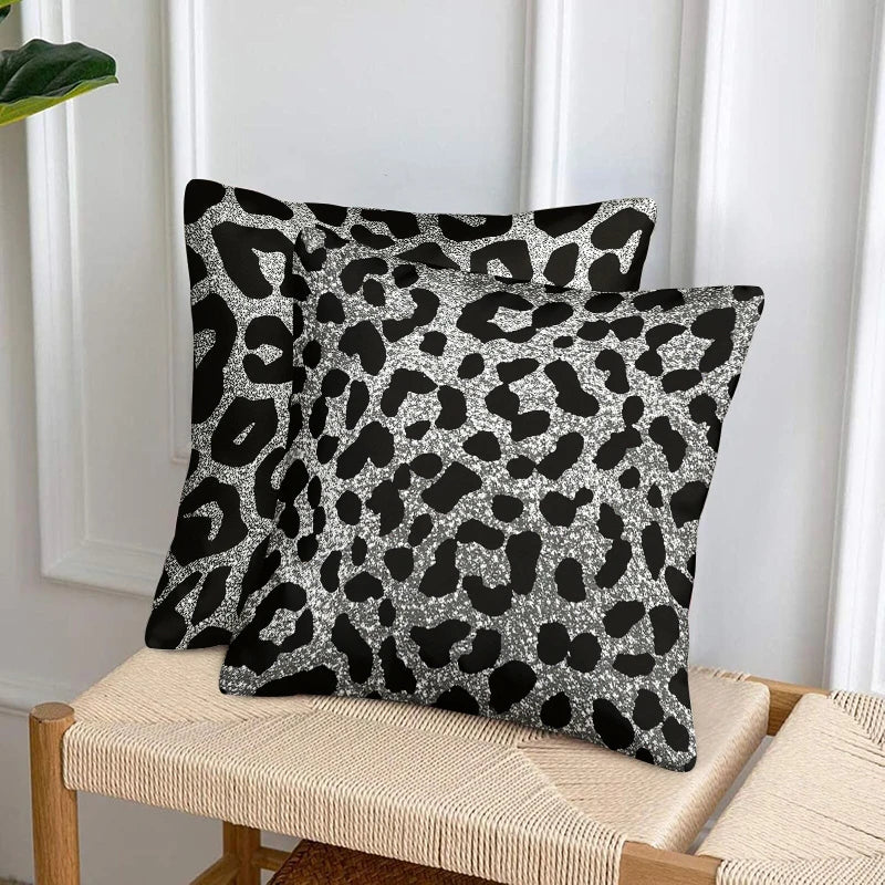 2pc Set of 2 Black Silver Leopard Print Throw Pillow Covers Modern Decorative Square Cushion Cases for Sofa Bedroom Living Room