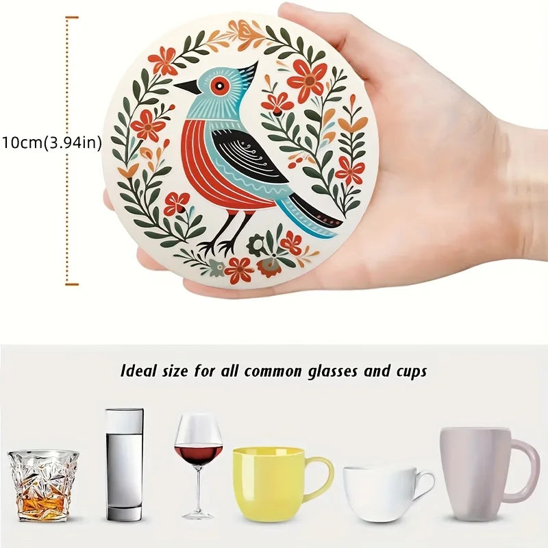 Bohemian Bird and Flower Wooden Drink Coaster Set for Coffee Tables and Colorful Home Decor