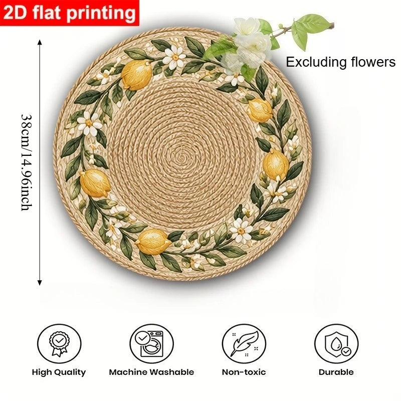 Lemon Blossom Round Table Mat Set of 4, 38 cm Printed Polyester Placemats with Faux Rattan Look for Dining Tables