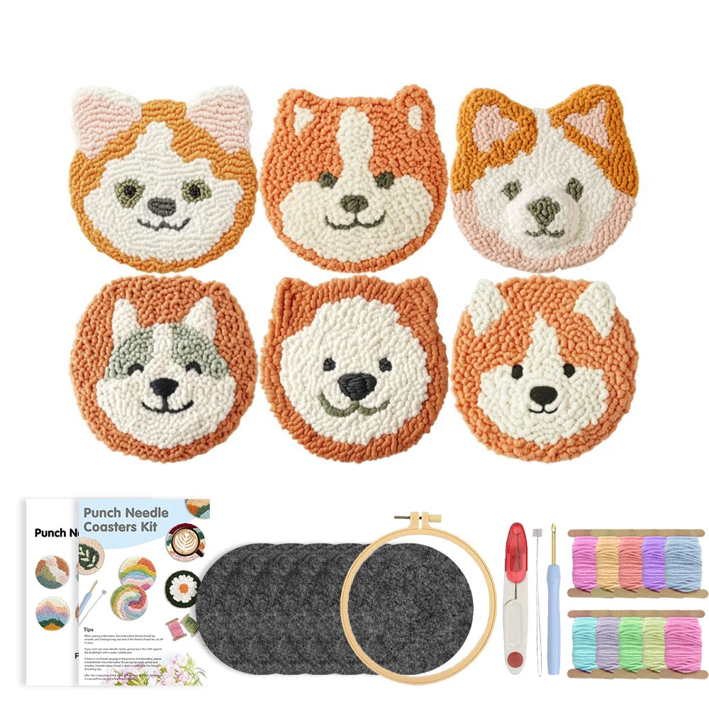 Cute Dog Punch Needle Coaster Craft Kit for Beginners Handmade Animal Mug Rugs and Gifts