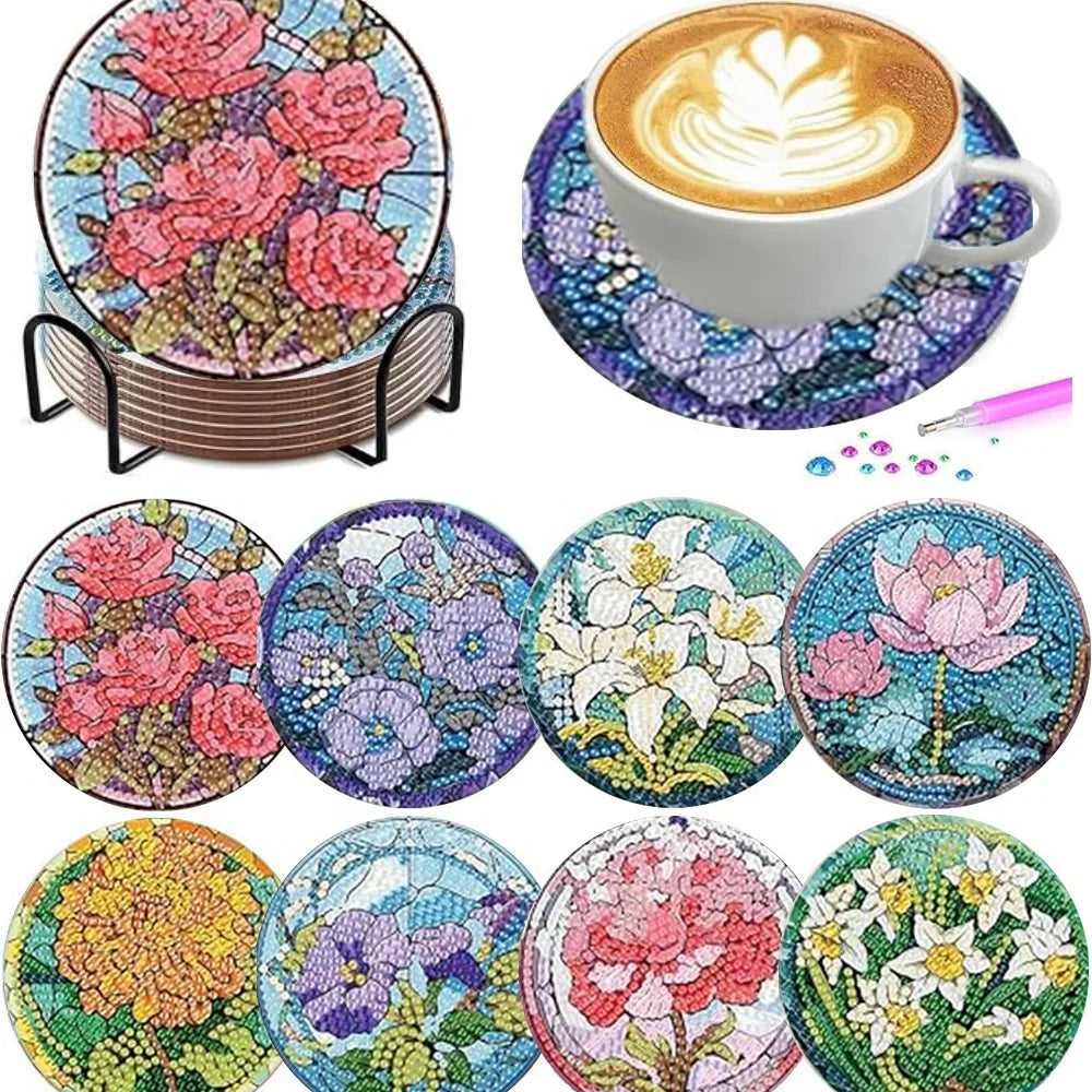Floral Diamond Painting Coaster Set of 8 with Holder DIY Craft Kit for Table Decor and Gifts