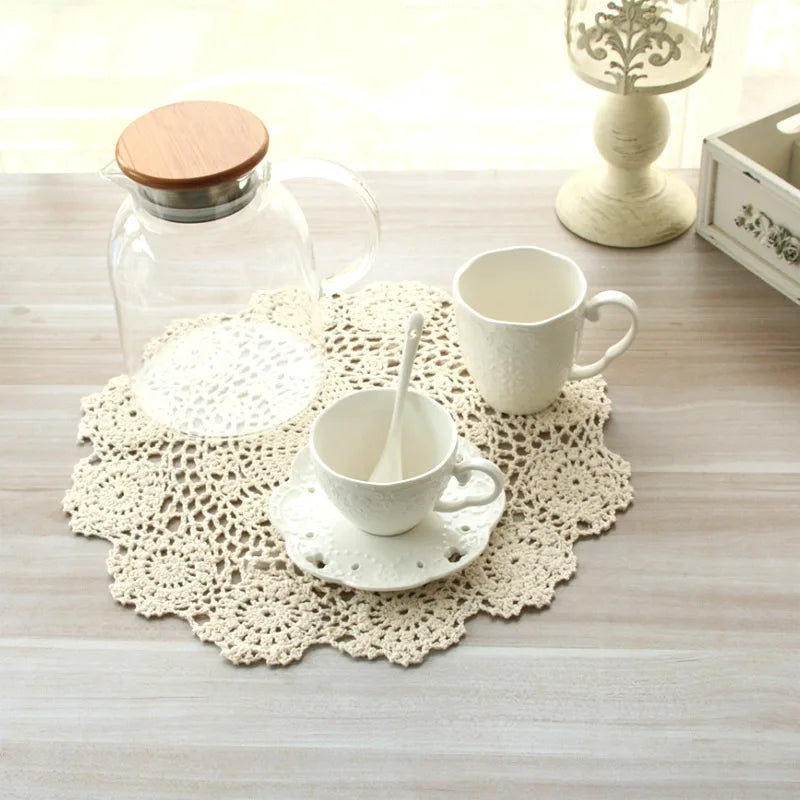 Hand Crocheted Cotton Lace Table Mat | Vintage Round Doily in Beige or White for Coffee Cups and Dining Decor