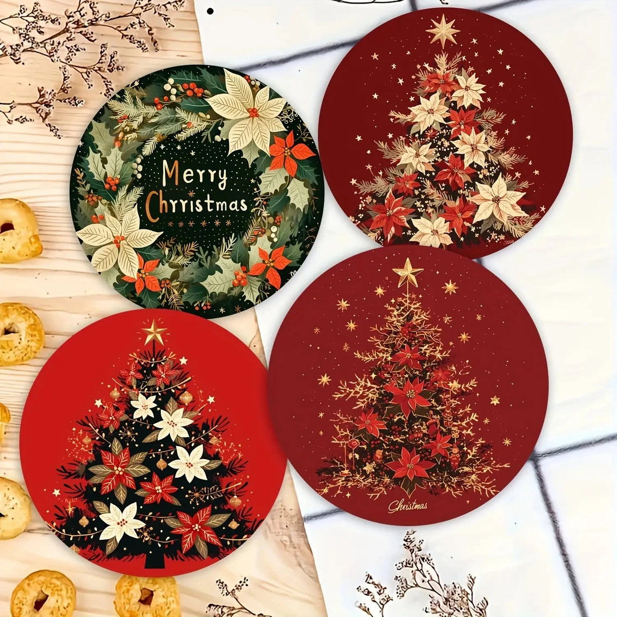 Colorful Christmas Tree Wooden Coaster Set of 6, 10 cm Printed Holiday Drink Mats for Festive Coffee Tables and Tea Cups