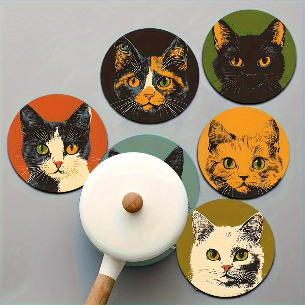 Cat Pattern Wooden Drink Coaster Set of 6, Round Printed Cup Mats for Coffee Tables, Desks and Cat-Lover Gifts