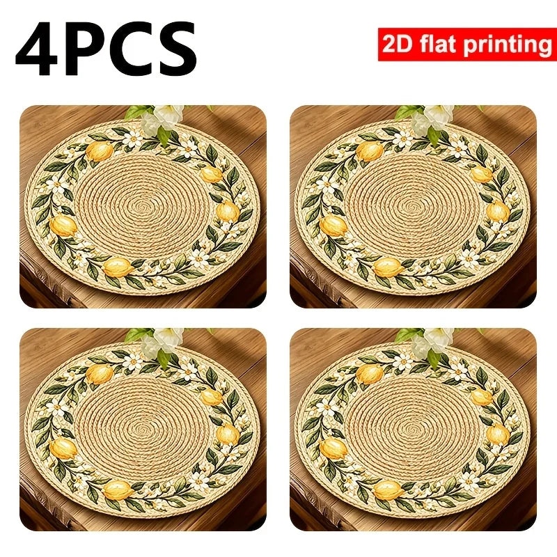 Lemon Blossom Round Table Mat Set of 4, 38 cm Printed Polyester Placemats with Faux Rattan Look for Dining Tables